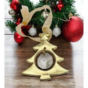 Vintage Gold Tone Christmas Tree Ornament With Faux Crystal Dangling Center